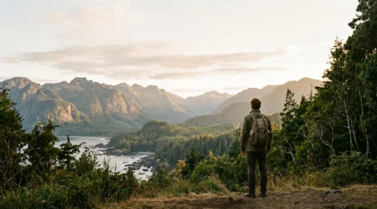 Viaggiatore solitario davanti a un paesaggio naturale incontaminato che trasmette rispetto e contemplazione verso la natura protetta