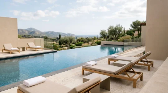 Area benessere esclusiva con lettini e piscina in resort di lusso