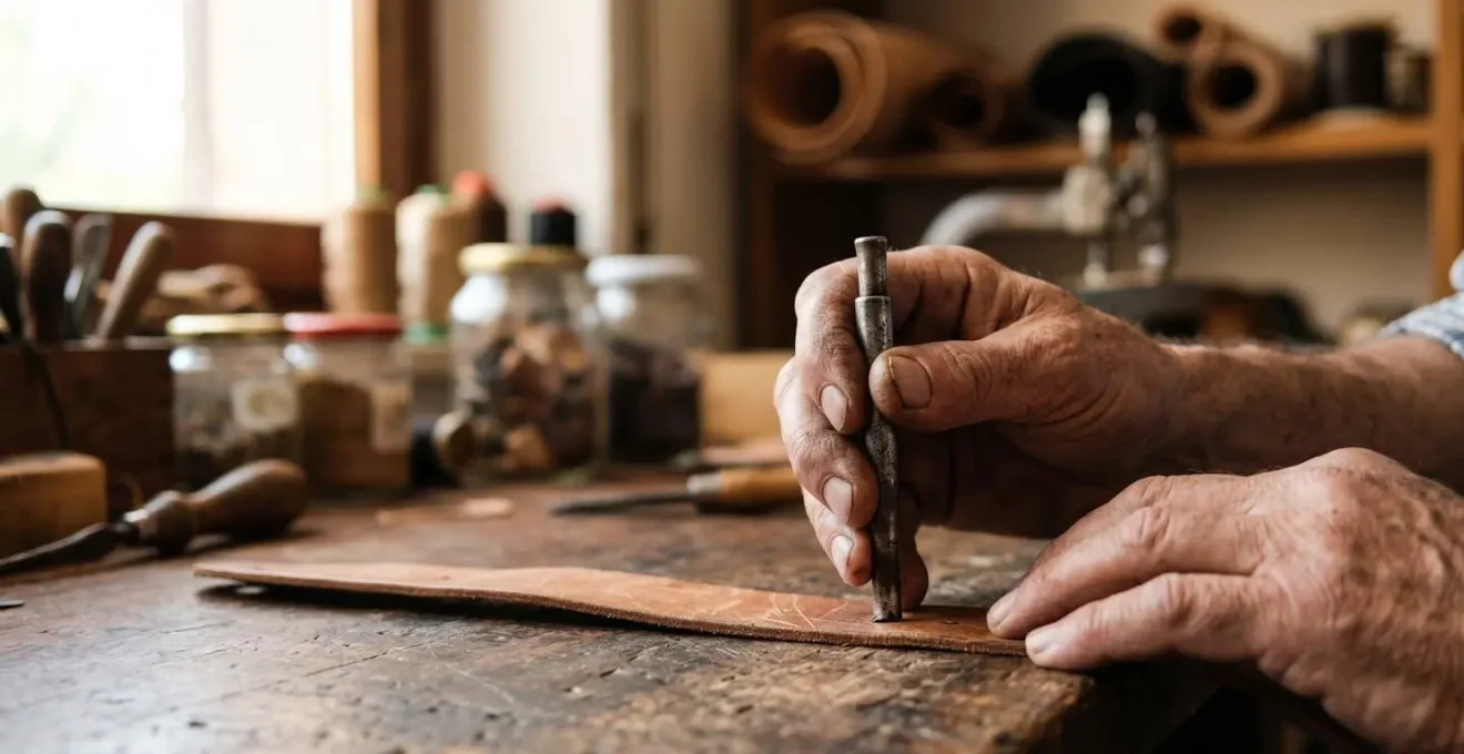 Mani di artigiano italiano che lavora materiale tradizionale con strumenti autentici