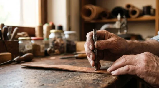 Mani di artigiano italiano che lavora materiale tradizionale con strumenti autentici