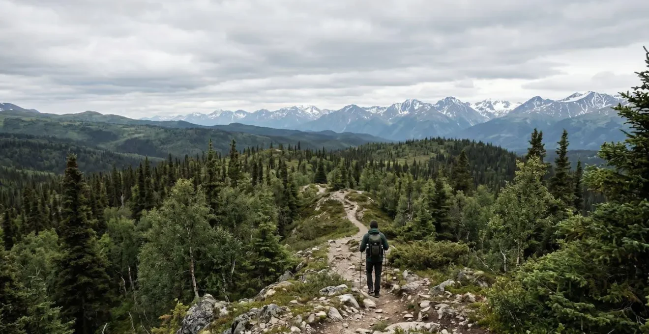 Escursionista in cammino su sentiero remoto tra foreste e montagne incontaminate