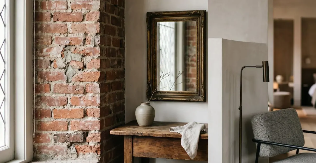Dettaglio architettonico di boutique hotel autentico con elementi storici recuperati e design contemporaneo