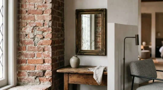 Dettaglio architettonico di boutique hotel autentico con elementi storici recuperati e design contemporaneo
