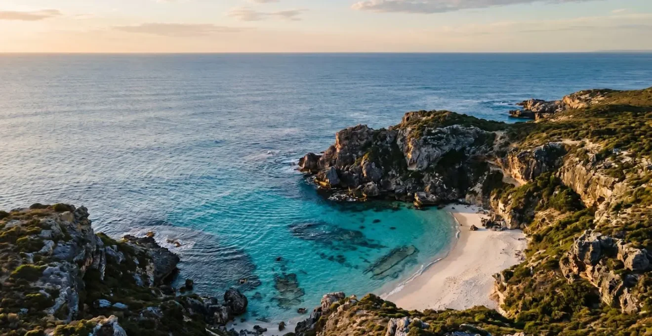 Vista aerea di una caletta nascosta con acque cristalline circondata da scogliere rocciose in una riserva marina protetta
