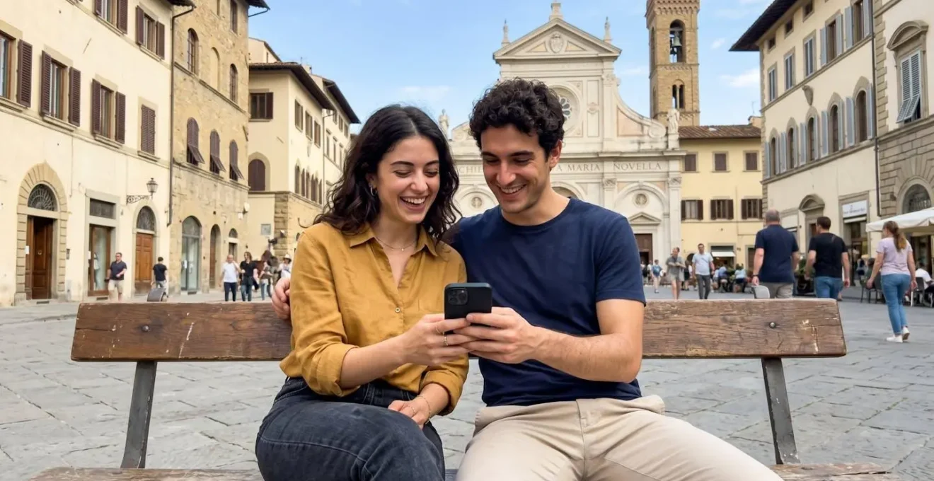 Due persone sedute su una panchina in una piazza italiana guardano insieme lo schermo di uno smartphone sotto la luce naturale del giorno
