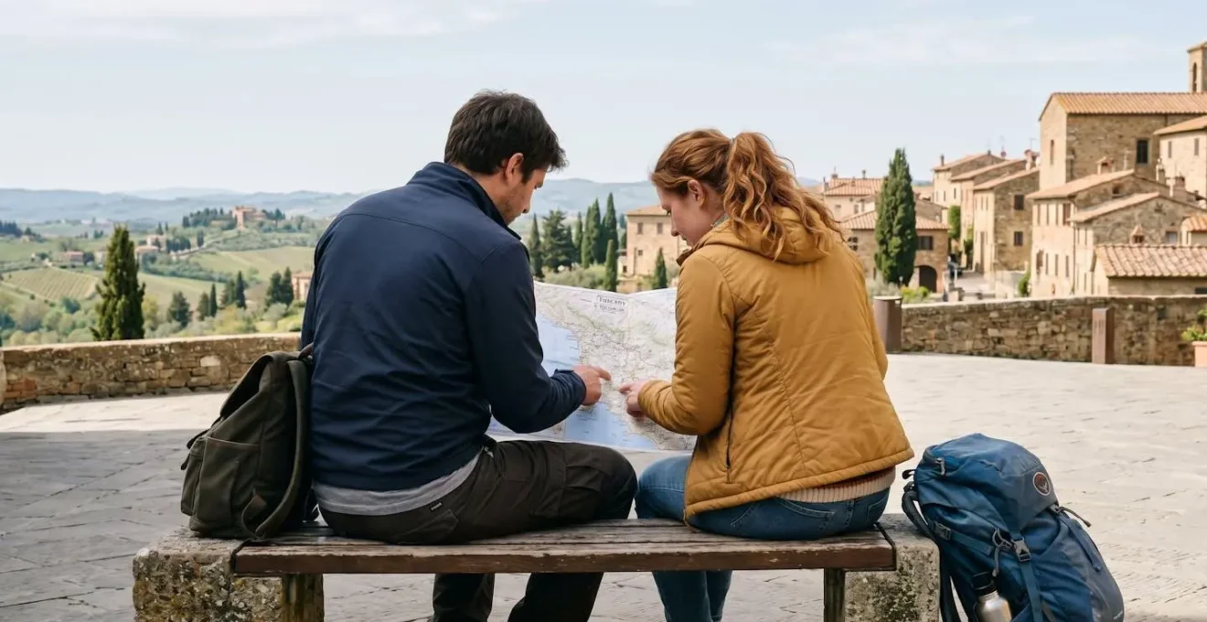 Una coppia vista di spalle seduta su una panchina osserva una mappa cartacea della Toscana, con zaini ai piedi in un contesto urbano italiano contemporaneo