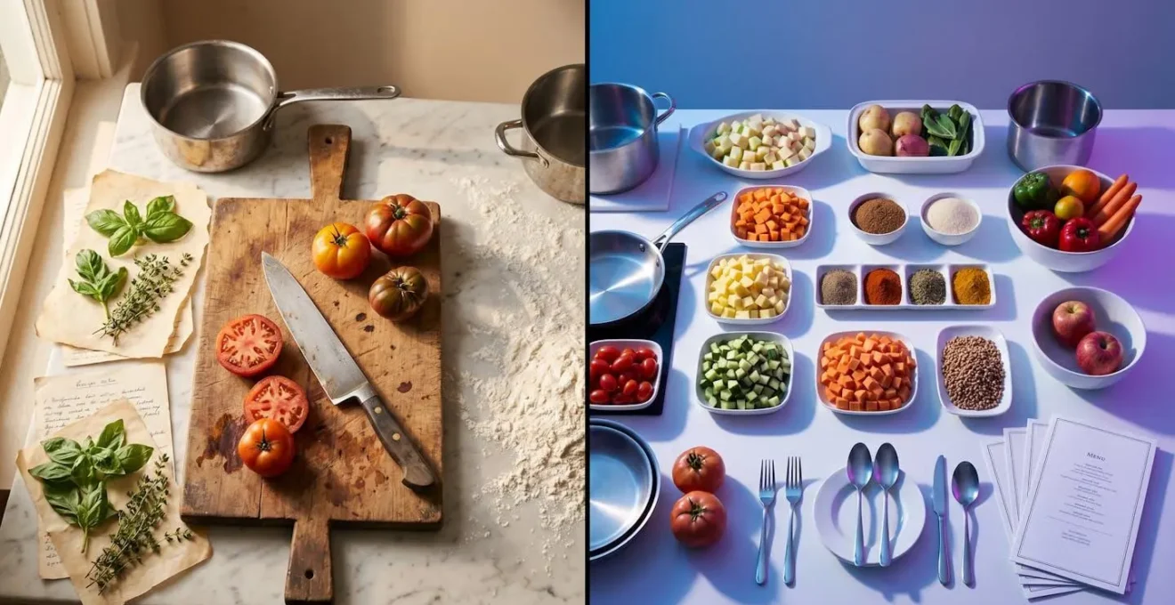 Confronto visivo tra esperienza culinaria autentica e attività turistica stereotipata