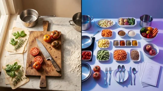 Confronto visivo tra esperienza culinaria autentica e attività turistica stereotipata