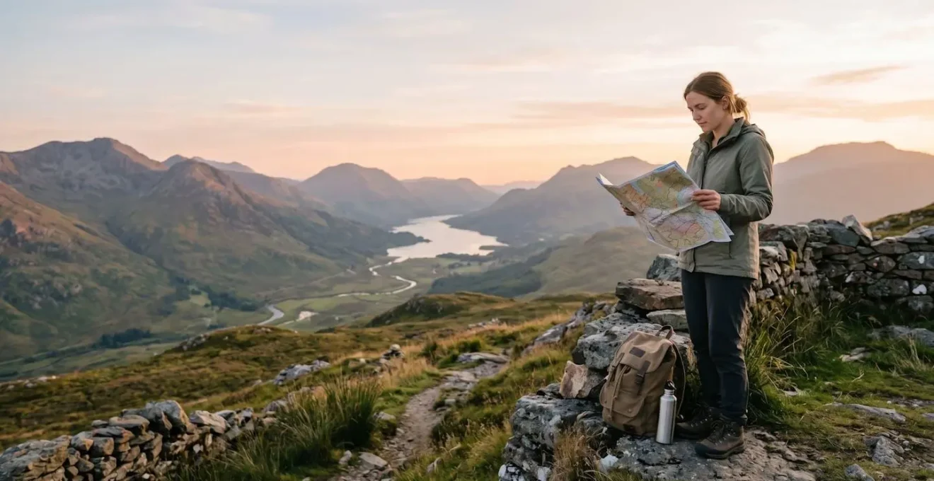 Viaggiatore che consulta una mappa con zaino e attrezzature da viaggio in ambiente naturale