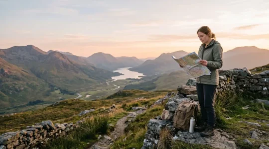Viaggiatore che consulta una mappa con zaino e attrezzature da viaggio in ambiente naturale