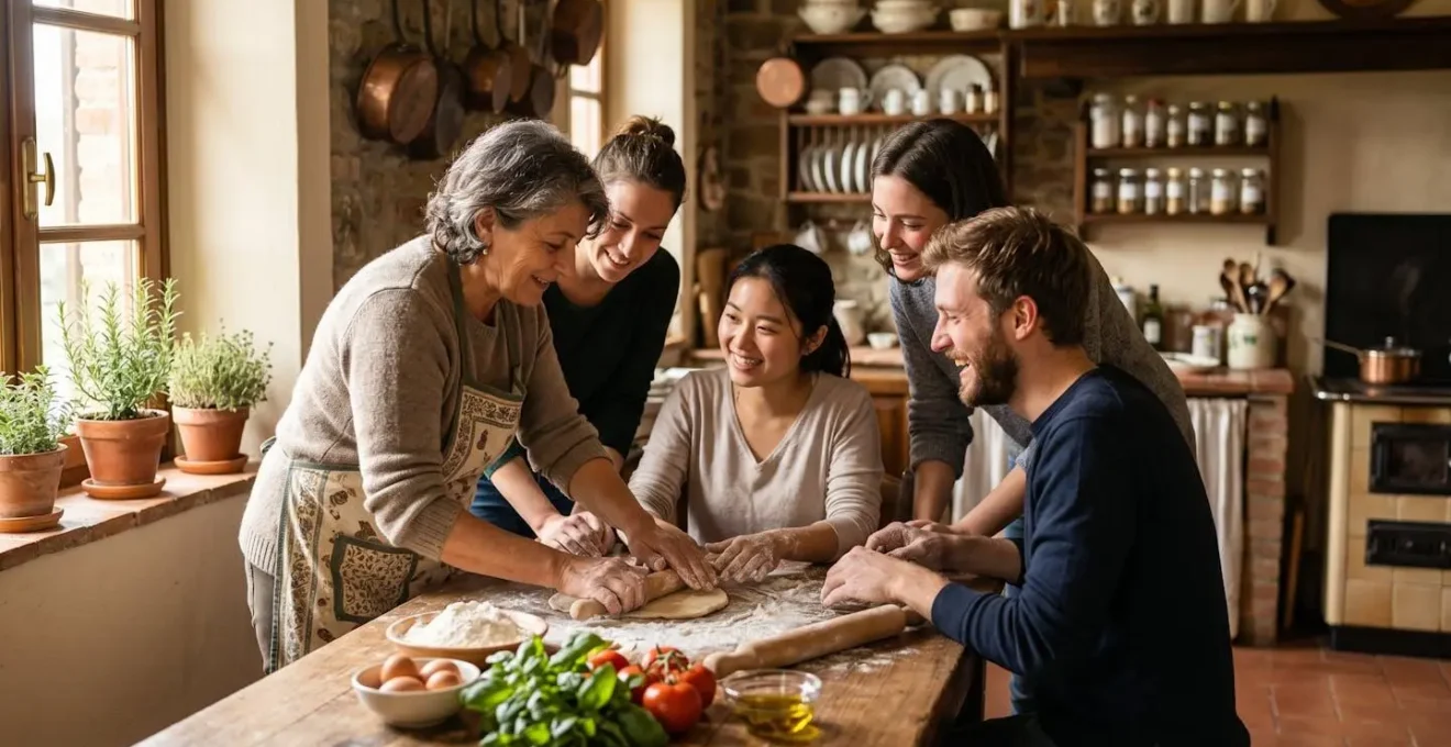 Ospiti internazionali seduti intorno al tavolo di una cucina casalinga italiana durante una lezione di cucina con ingredienti freschi e pasta fatta a mano