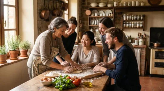 Ospiti internazionali seduti intorno al tavolo di una cucina casalinga italiana durante una lezione di cucina con ingredienti freschi e pasta fatta a mano