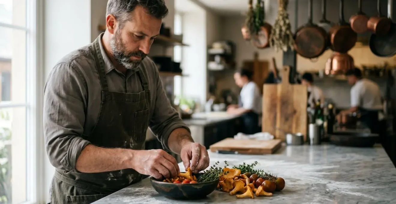 Un momento intimo in una cucina di alta ristorazione dove uno chef concentrato lavora ingredienti freschi con precisione artigianale