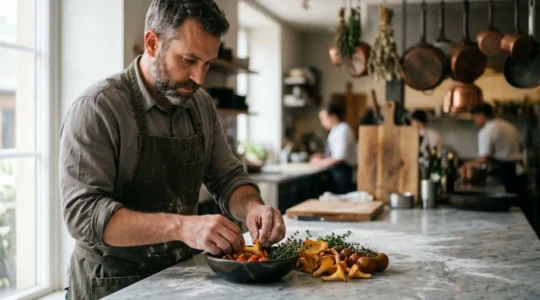 Un momento intimo in una cucina di alta ristorazione dove uno chef concentrato lavora ingredienti freschi con precisione artigianale