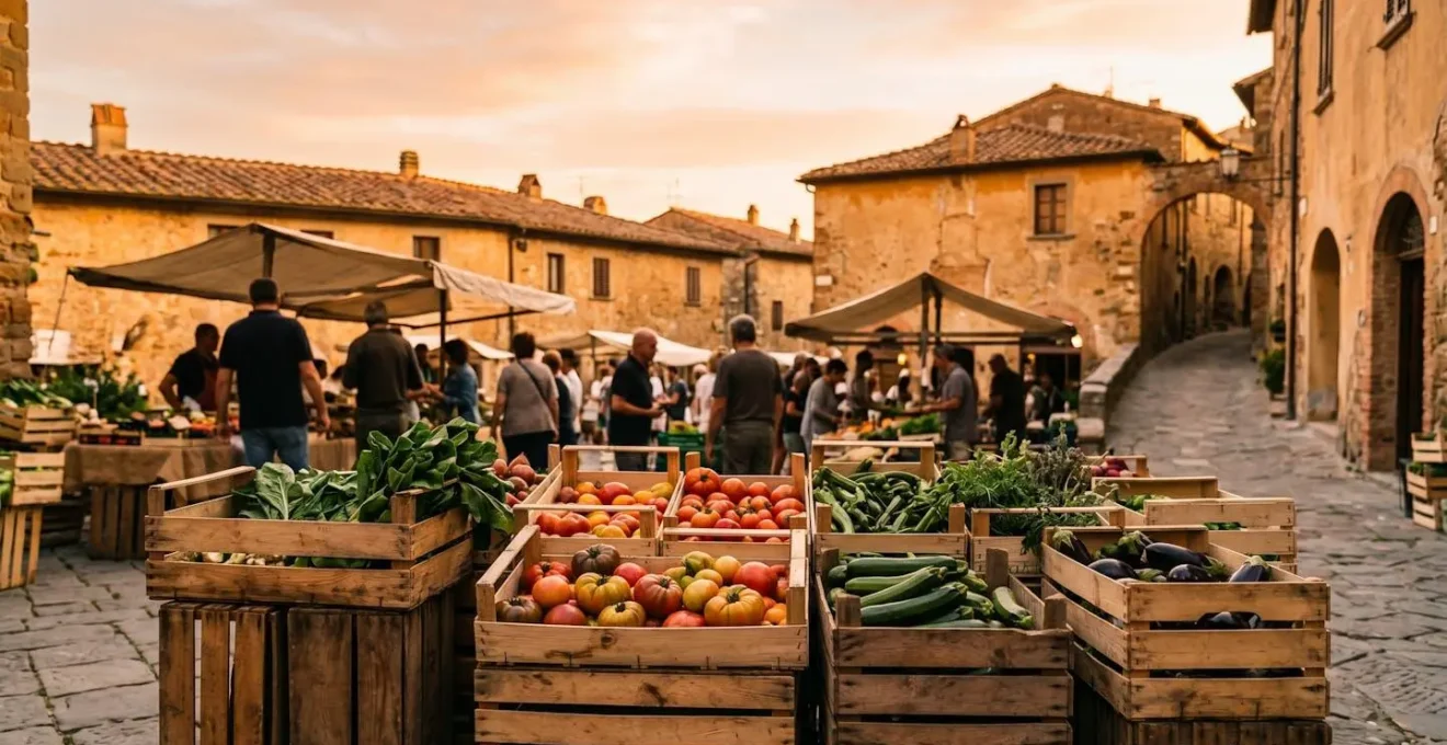 Scena di mercato tradizionale italiano con prodotti artigianali freschi e produttori locali