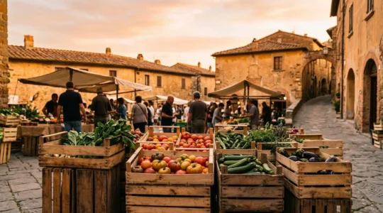 Scena di mercato tradizionale italiano con prodotti artigianali freschi e produttori locali