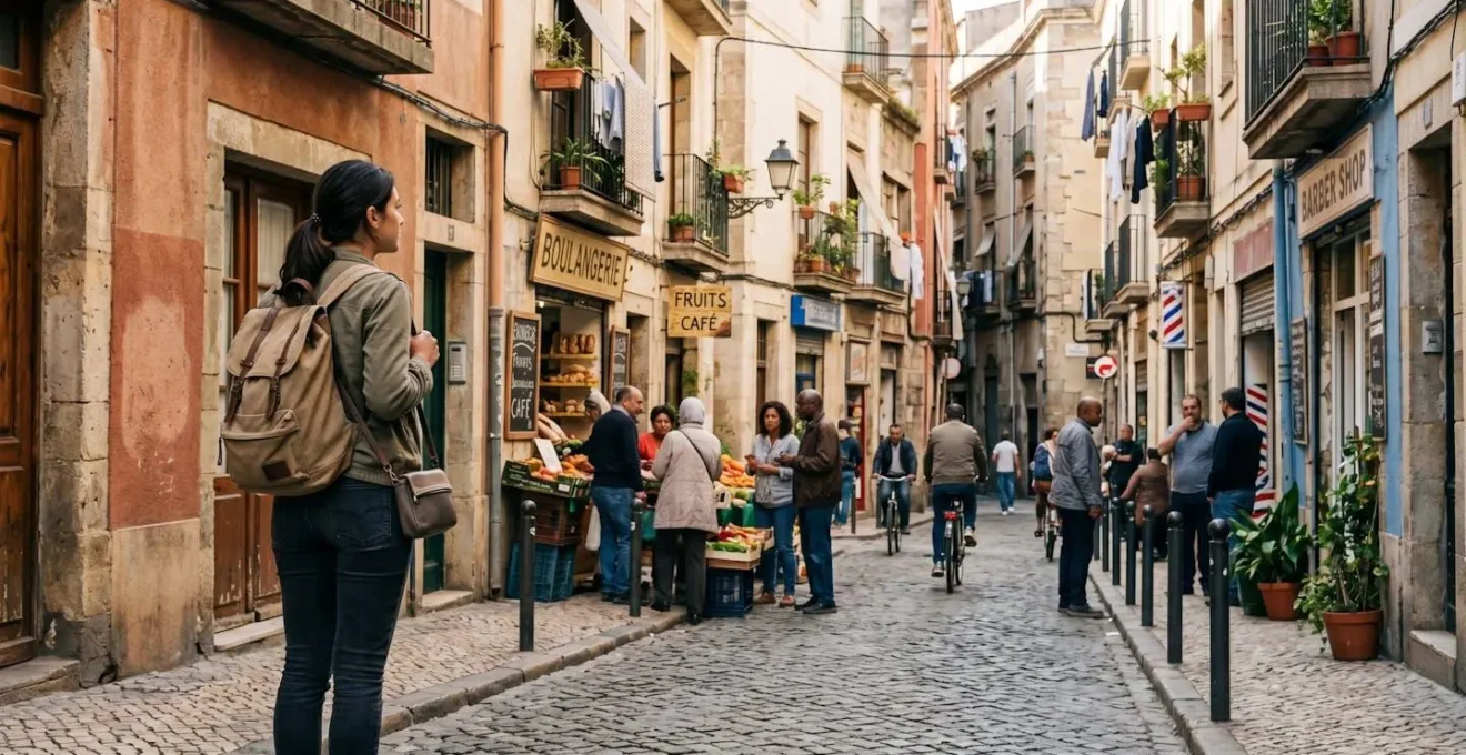 Viandante solitario che osserva una vivace strada di quartiere urbano multiculturale con residenti locali e architettura autentica