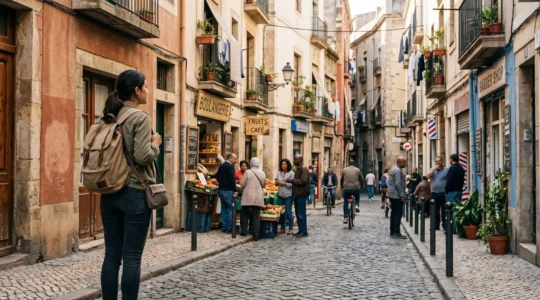 Viandante solitario che osserva una vivace strada di quartiere urbano multiculturale con residenti locali e architettura autentica