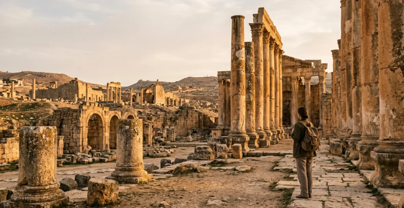 Visitatore solitario contempla antiche rovine archeologiche al tramonto con luce radente che rivela dettagli architettonici