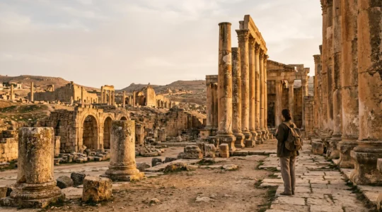 Visitatore solitario contempla antiche rovine archeologiche al tramonto con luce radente che rivela dettagli architettonici
