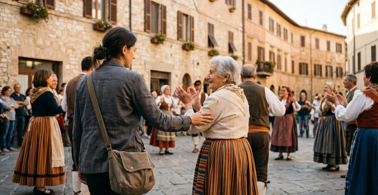 Viaggiatore che partecipa rispettosamente a una festa popolare tradizionale in un borgo italiano