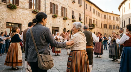 Viaggiatore che partecipa rispettosamente a una festa popolare tradizionale in un borgo italiano