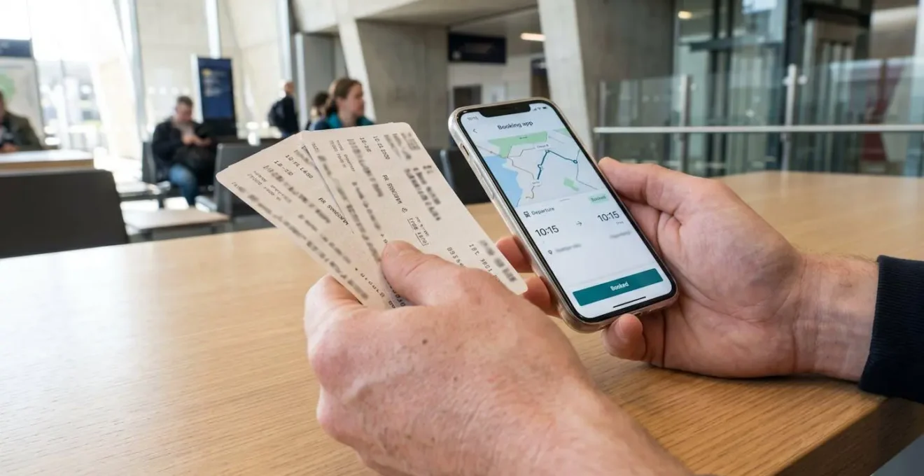 Primo piano di mani che tengono biglietti di treno regionali e uno smartphone con app di prenotazione trasporti, su una superficie moderna pulita