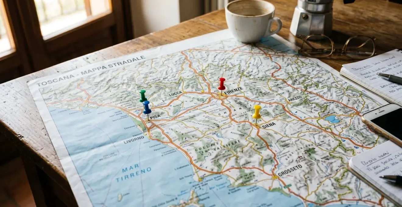Mappa cartacea della Toscana aperta su un tavolo con quattro segnalini colorati posizionati su Firenze, Pisa, Lucca e Siena