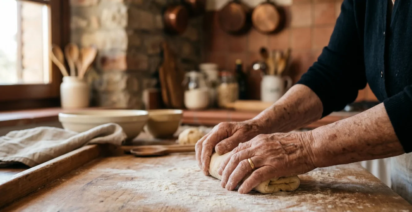 Nonna italiana che prepara pasta fresca fatta in casa nella cucina tradizionale, simbolo del patrimonio gastronomico tramandato oralmente