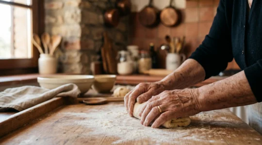 Nonna italiana che prepara pasta fresca fatta in casa nella cucina tradizionale, simbolo del patrimonio gastronomico tramandato oralmente