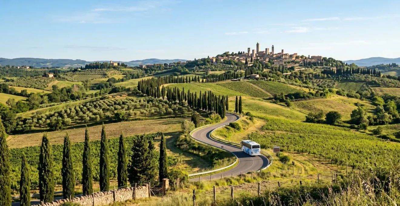 Colline toscane con filari di cipressi e borgo medievale in lontananza attraversate da una strada panoramica all'alba
