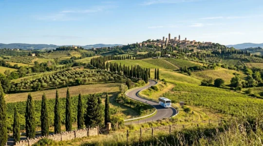 Colline toscane con filari di cipressi e borgo medievale in lontananza attraversate da una strada panoramica all'alba
