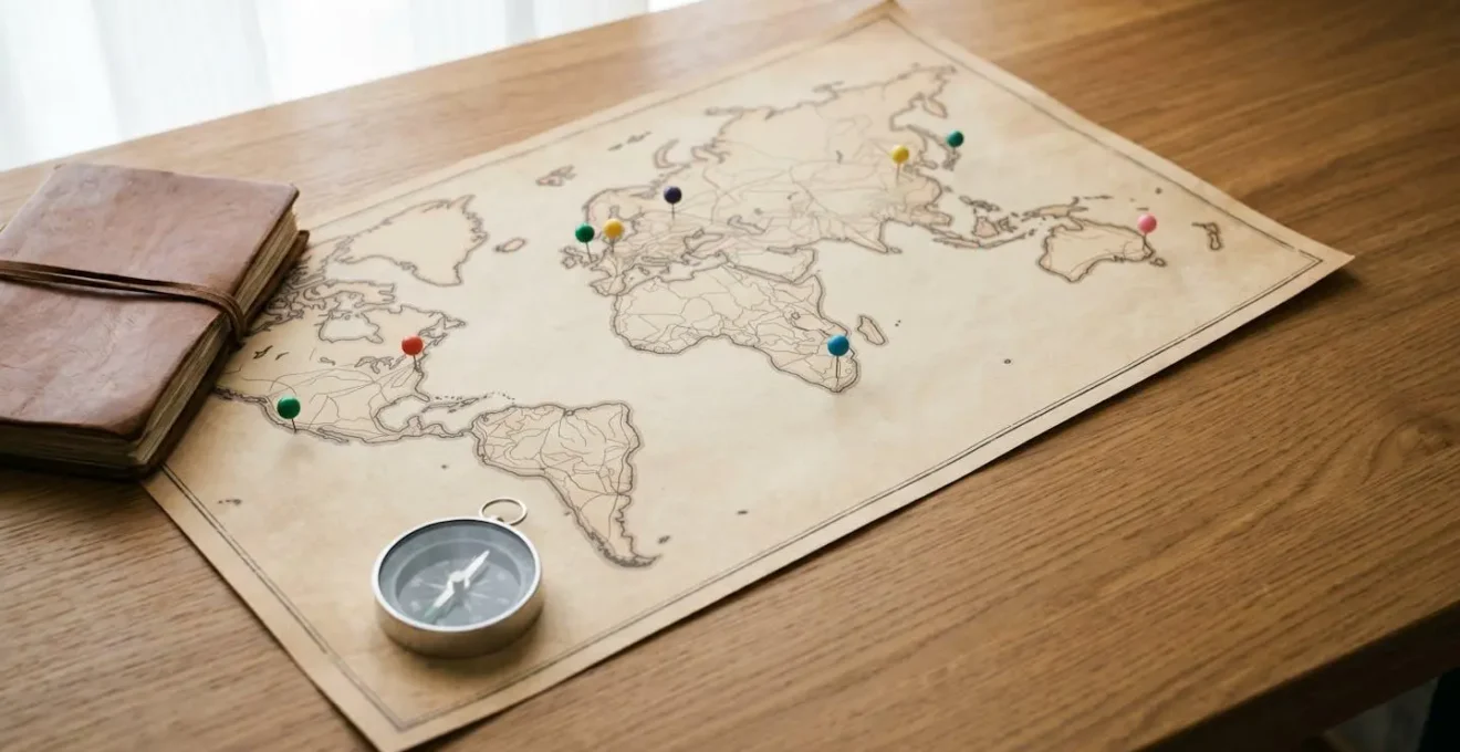 Planisfero stilizzato con percorsi di viaggio interconnessi, evidenziando l'organizzazione strategica di un itinerario multi-destinazione