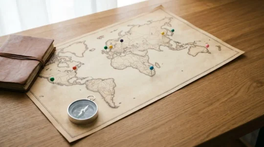 Planisfero stilizzato con percorsi di viaggio interconnessi, evidenziando l'organizzazione strategica di un itinerario multi-destinazione