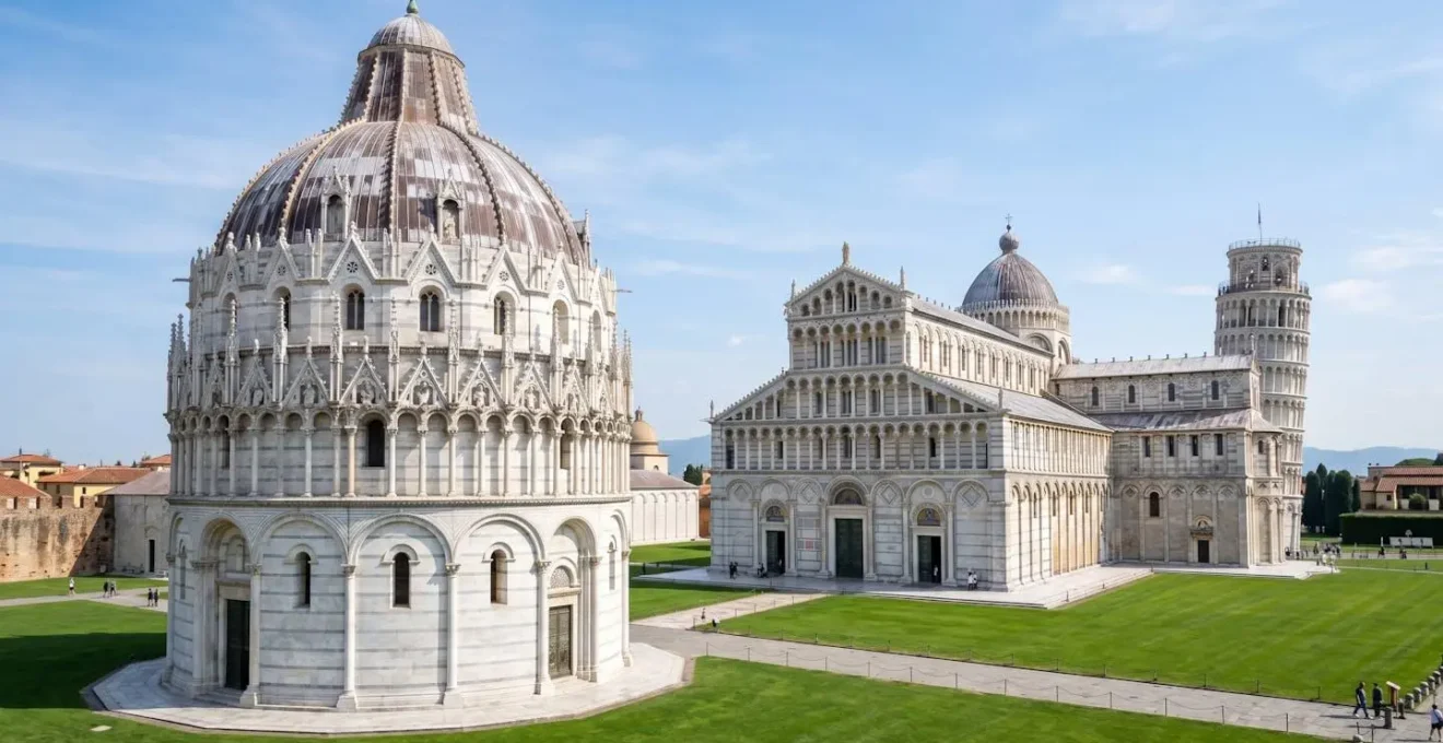 Vista panoramica della Piazza dei Miracoli con la Cattedrale e il Battistero sotto un cielo sereno
