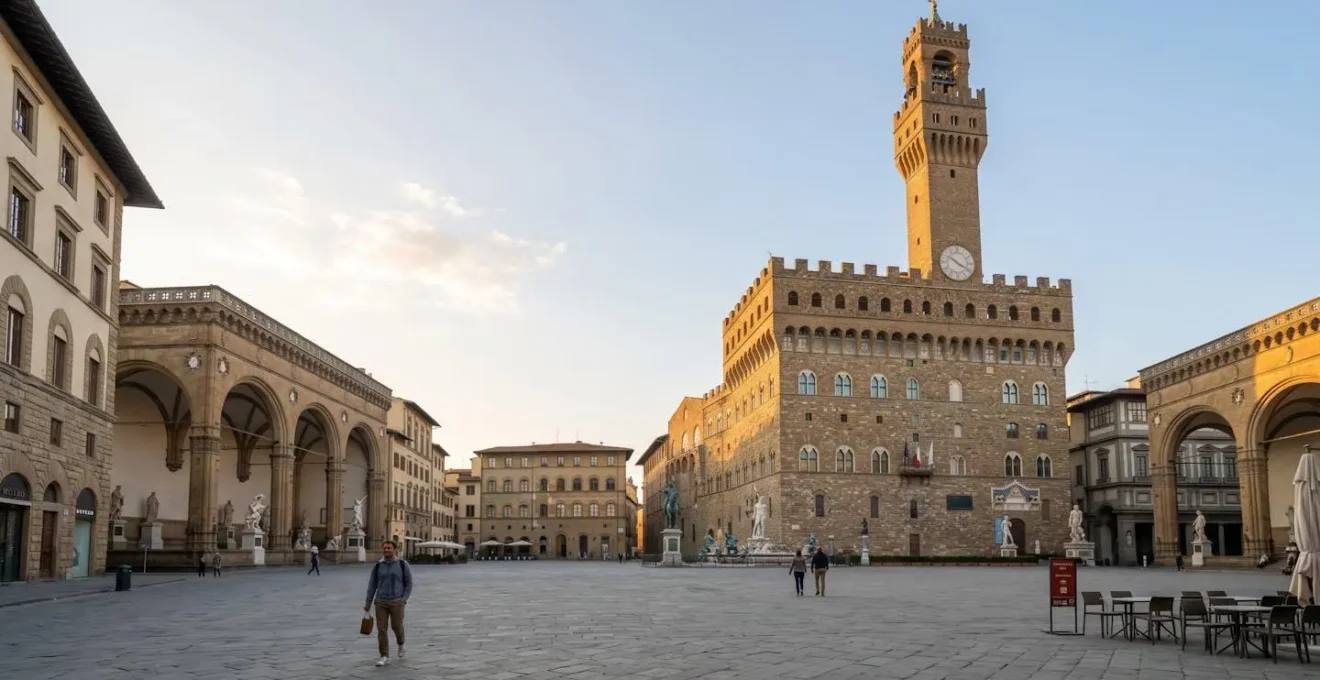 Veduta panoramica di Piazza della Signoria a Firenze alle prime ore del mattino, con luce dorata naturale e pochi turisti visibili, architettura rinascimentale nitida sullo sfondo