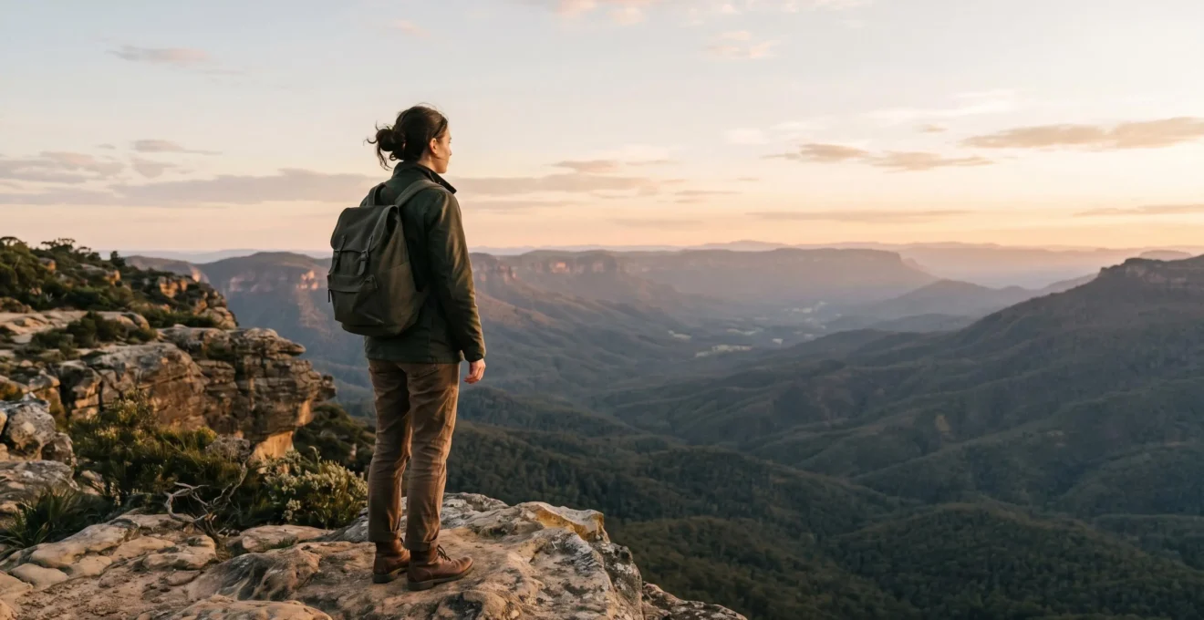 Viaggiatore solitario che contempla un vasto paesaggio naturale all'alba, simbolo di introspezione e crescita personale