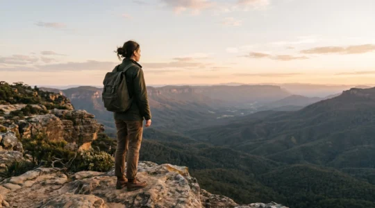 Viaggiatore solitario che contempla un vasto paesaggio naturale all'alba, simbolo di introspezione e crescita personale