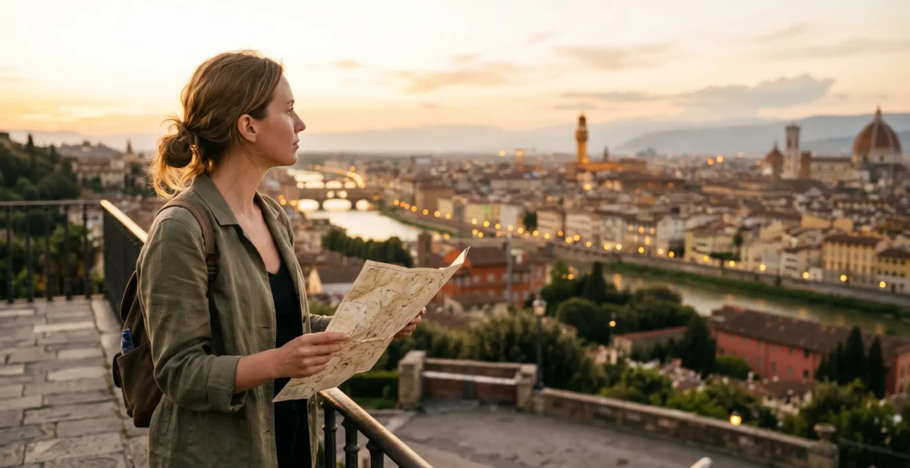 Viaggiatore che osserva una mappa urbana per scegliere la zona dove alloggiare