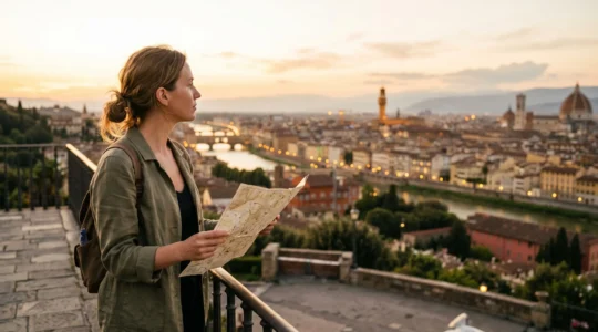 Viaggiatore che osserva una mappa urbana per scegliere la zona dove alloggiare