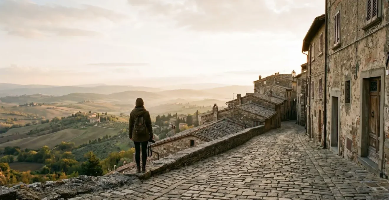 Viaggiatore solitario che esplora un borgo italiano nascosto lontano dalle rotte turistiche affollate