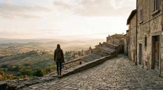 Viaggiatore solitario che esplora un borgo italiano nascosto lontano dalle rotte turistiche affollate