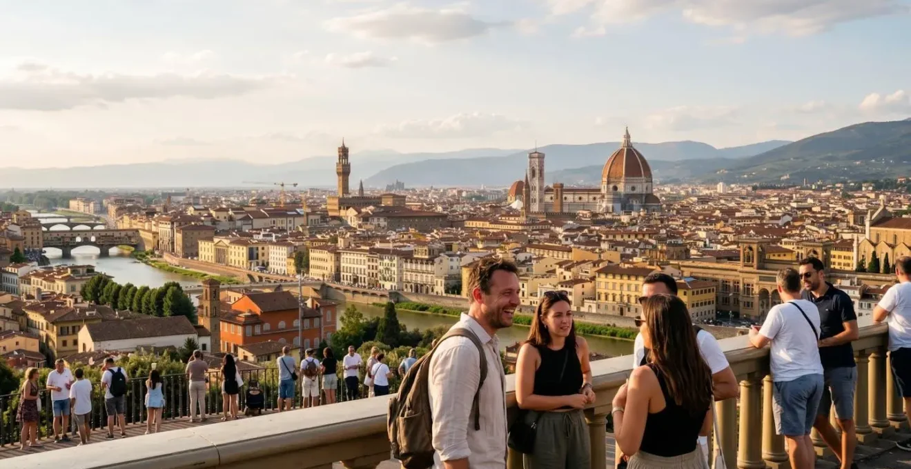 Vista panoramica dello skyline di Firenze al tramonto con la cupola del Duomo di Brunelleschi e il campanile di Giotto illuminati dalla luce dorata