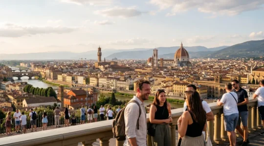 Vista panoramica dello skyline di Firenze al tramonto con la cupola del Duomo di Brunelleschi e il campanile di Giotto illuminati dalla luce dorata