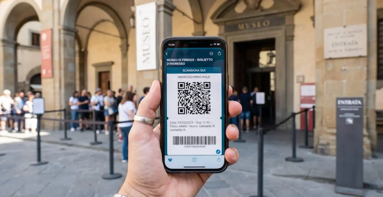 Primo piano di una mano che tiene uno smartphone mostrando un QR code di biglietto digitale, sullo sfondo sfocato l'ingresso di un museo fiorentino