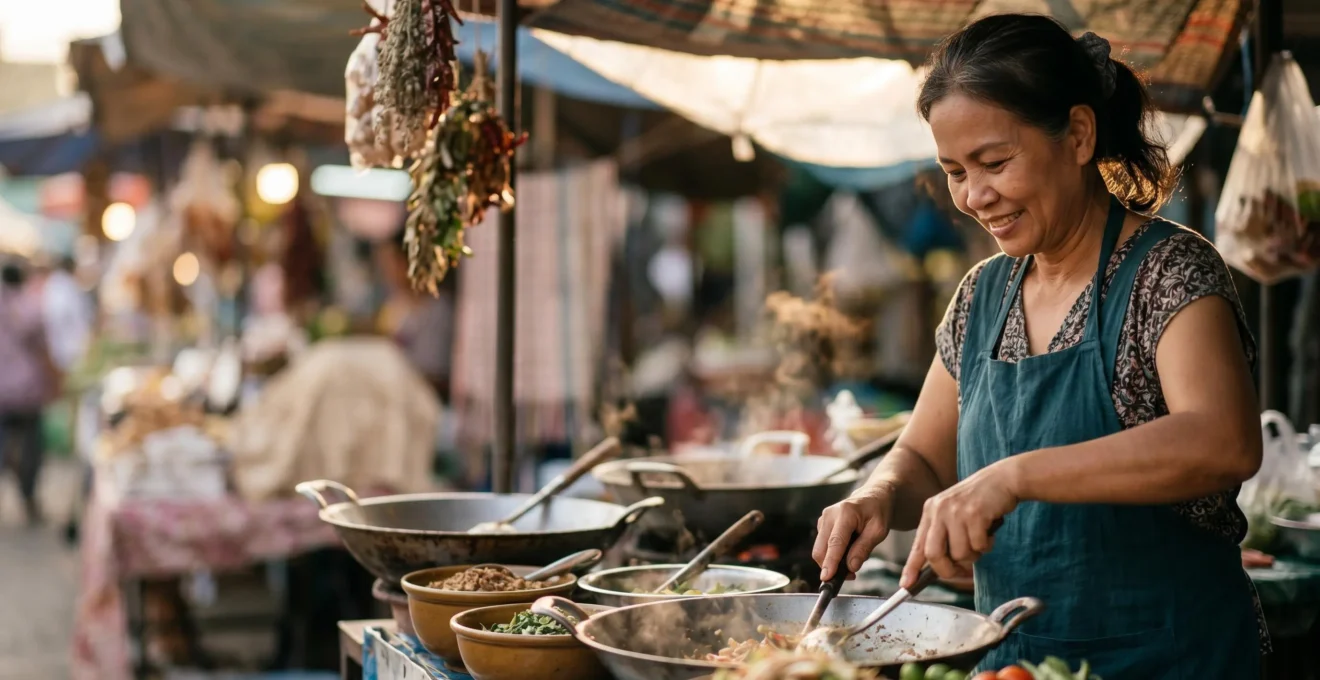 Venditore di street food locale che prepara cibo fresco con ingredienti tradizionali in un mercato autentico
