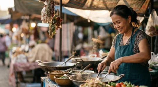 Venditore di street food locale che prepara cibo fresco con ingredienti tradizionali in un mercato autentico