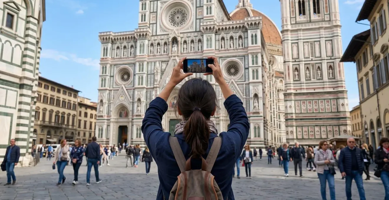 Una donna di spalle consulta lo smartphone tenuto con entrambe le mani, sullo sfondo sfocato la facciata del Duomo di Firenze sotto cielo sereno