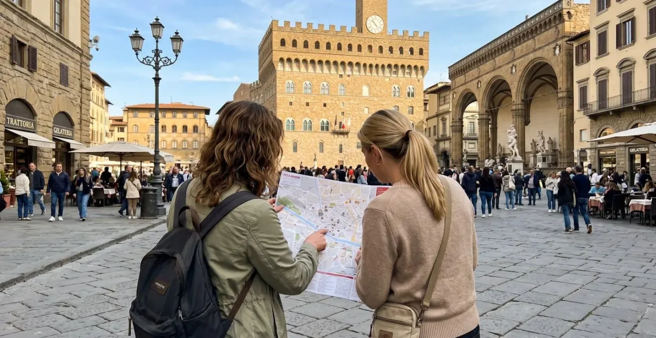 Due turisti visti di spalle consultano una mappa cartacea davanti a una piazza rinascimentale fiorentina sotto il sole di primavera