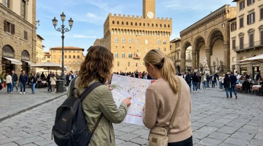 Due turisti visti di spalle consultano una mappa cartacea davanti a una piazza rinascimentale fiorentina sotto il sole di primavera